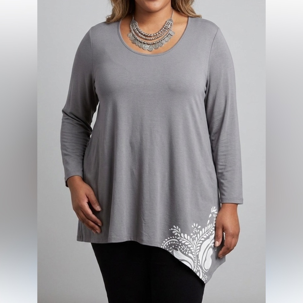 Mr Max Grey Floral Asymmetrical Long Sleeve Top 2X